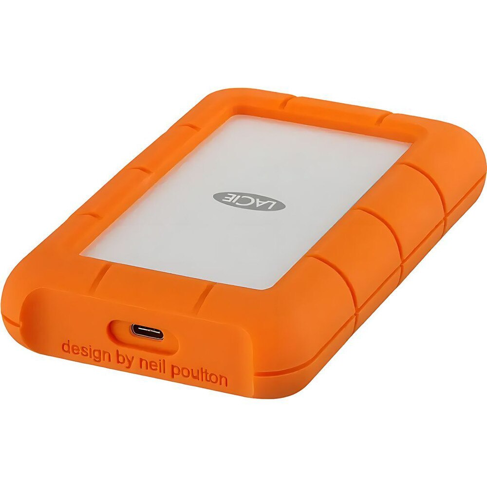 Front view of LaCie Rugged USB-C 5TB external hard drive with orange bumper