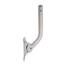 A metal bracket with four holes for screws and a slot for sliding a device. The bracket can be attached to a wall or a pole and adjusted to different angles. The bracket has a Ubiquiti logo