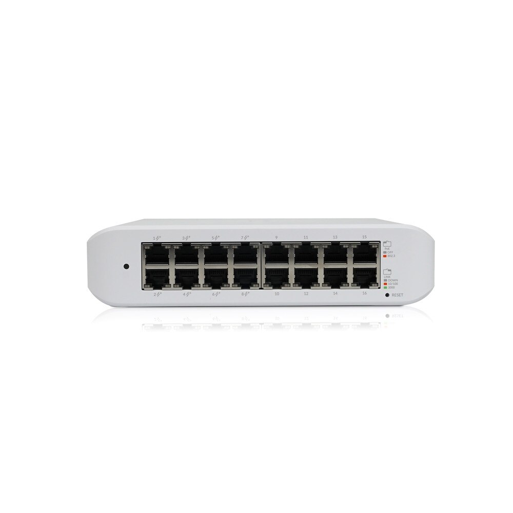 A picture of a Ubiquiti UniFi Switch Lite 16 Port Gigabit POE USW-LITE-16-POE, which is a Layer 2 switch with eight PoE+ ports and eight Gigabit Ethernet ports.