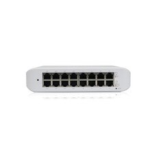 A picture of a Ubiquiti UniFi Switch Lite 16 Port Gigabit POE USW-LITE-16-POE, which is a Layer 2 switch with eight PoE+ ports and eight Gigabit Ethernet ports.