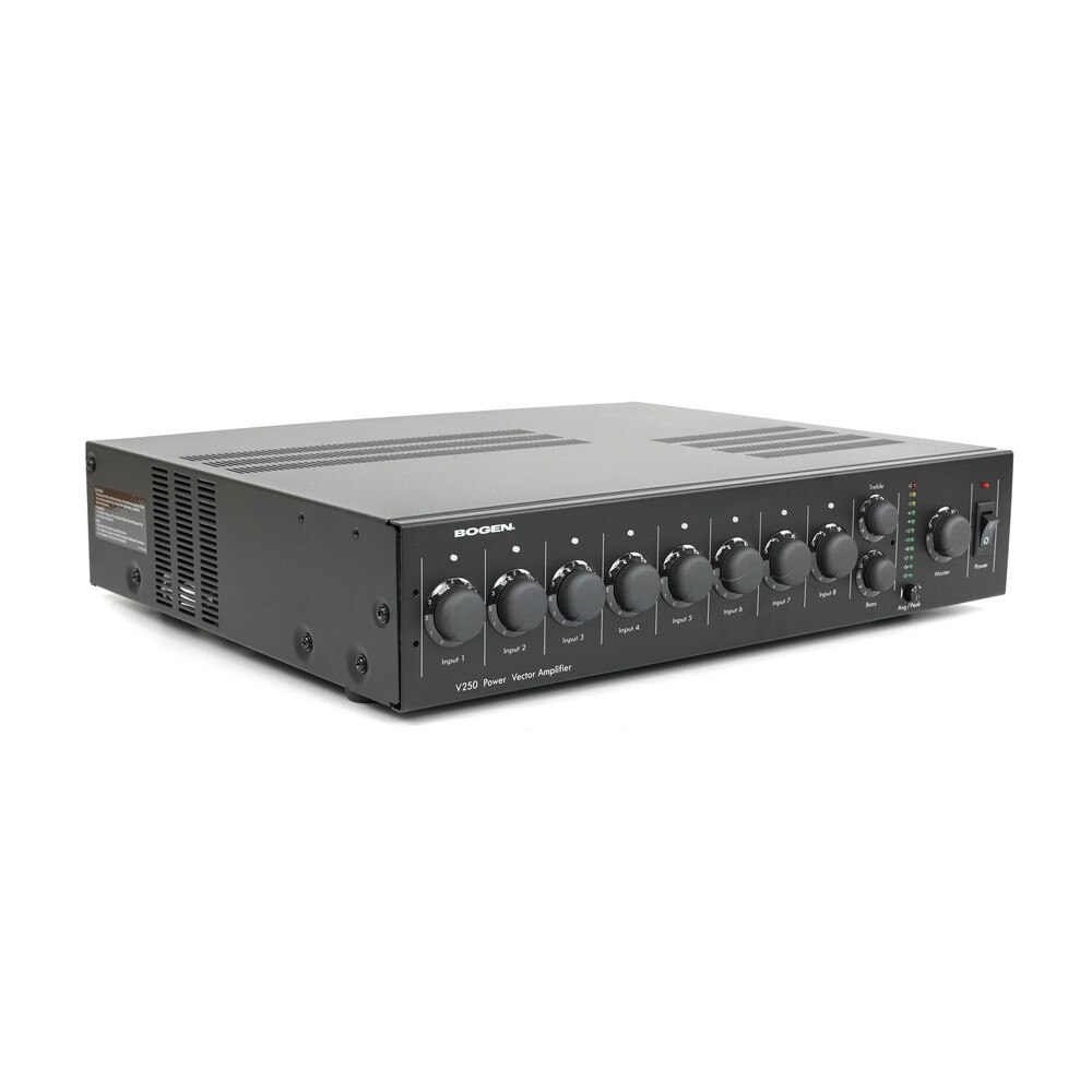 A photo of a black rectangular-shaped device with eight empty slots for plug-in modules on the front, and a power cord and various connectors on the back. The device has a Bogen logo and a model name