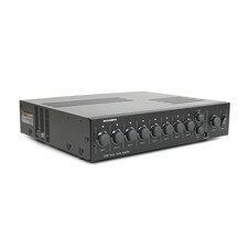 A photo of a black rectangular-shaped device with eight empty slots for plug-in modules on the front, and a power cord and various connectors on the back. The device has a Bogen logo and a model name