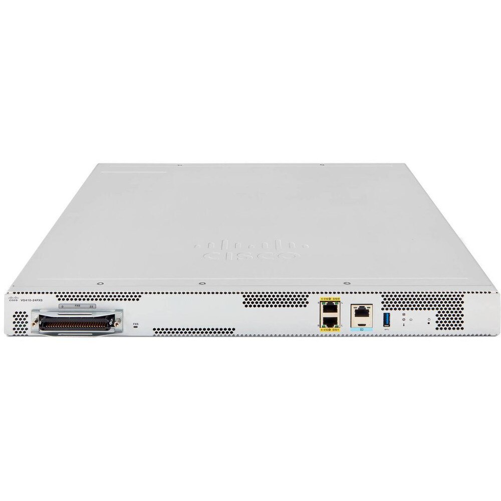 Front view of Cisco VG410-24FXS Analog Voice Gateway featuring 24 FXS ports for VoIP and legacy analog device connectivity.