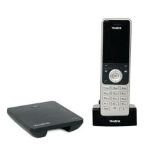 A Yealink W60P DECT IP phone system consisting of a cordless handset and a base station. The handset has a 2.4-inch color display, a speakerphone, and 12 keys. The base station has a power indicator,