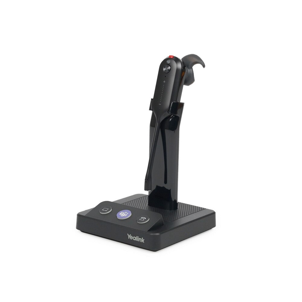 A Yealink WH63 Microsoft Teams Convertible DECT Wireless Headset with a silver and black color scheme. The headset has a flexible ear hook that can be worn on either ear, a microphone boom